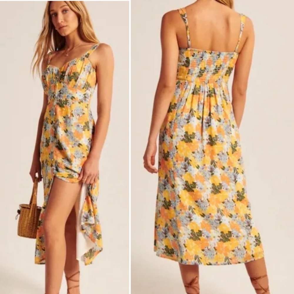 NWOT Abercrombie & Fitch Petite Floral midi dress button yellow orange tank MP